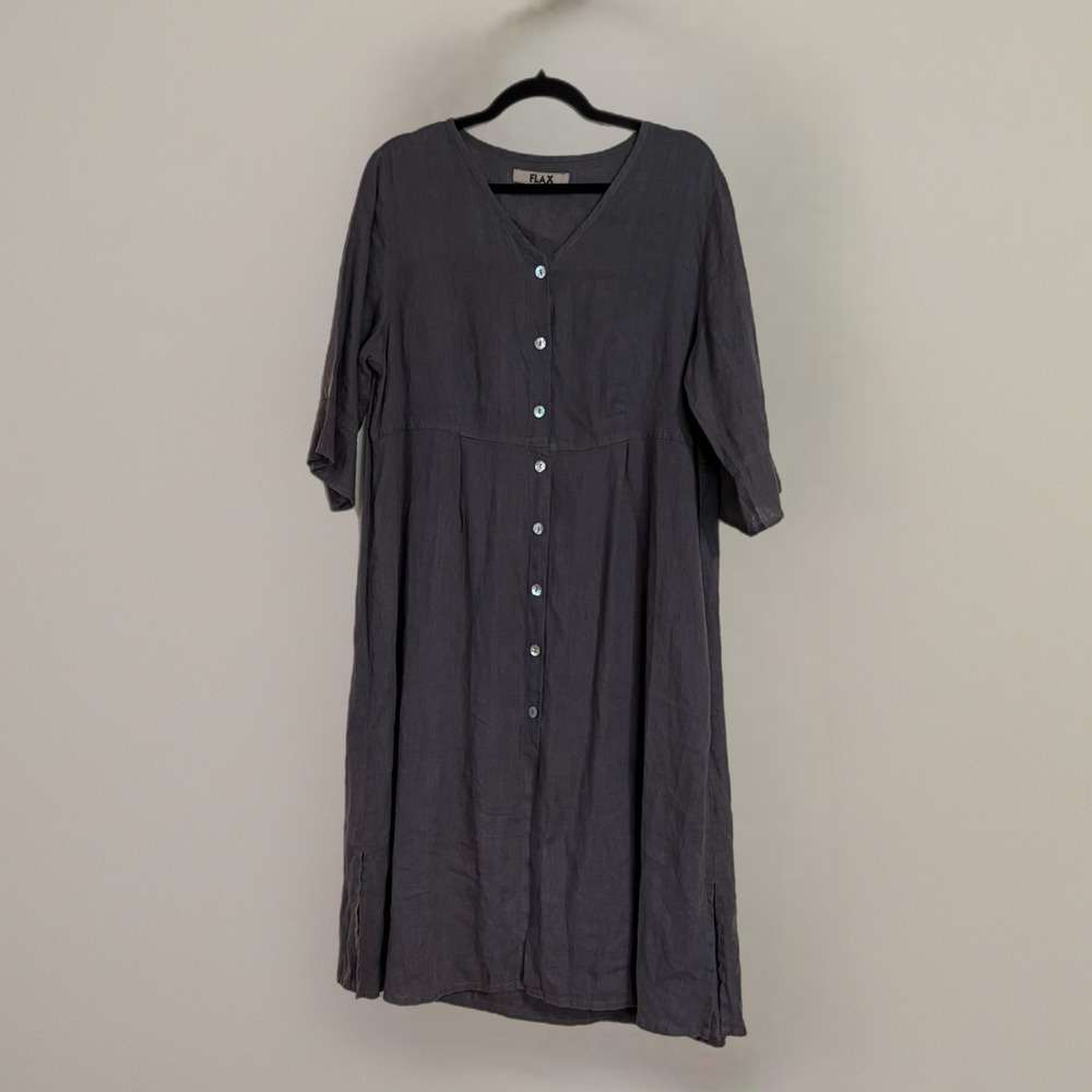 FLAX Linen Dress Womens Medium Navy Blue Button Front Lagenlook
